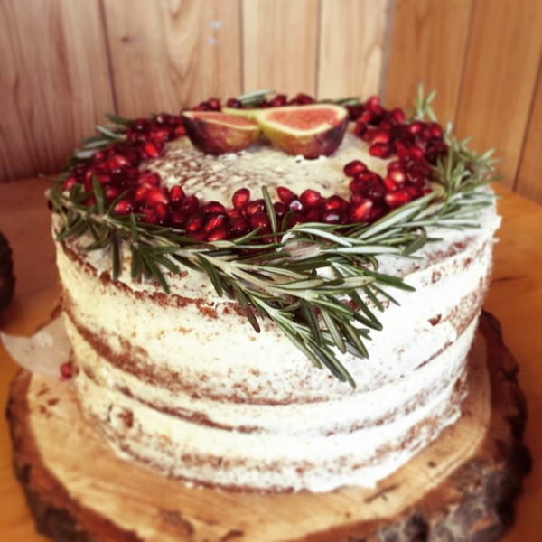 Winter Vanilla Naked Cake decorated with Rosemary, Figs & Pomegranate